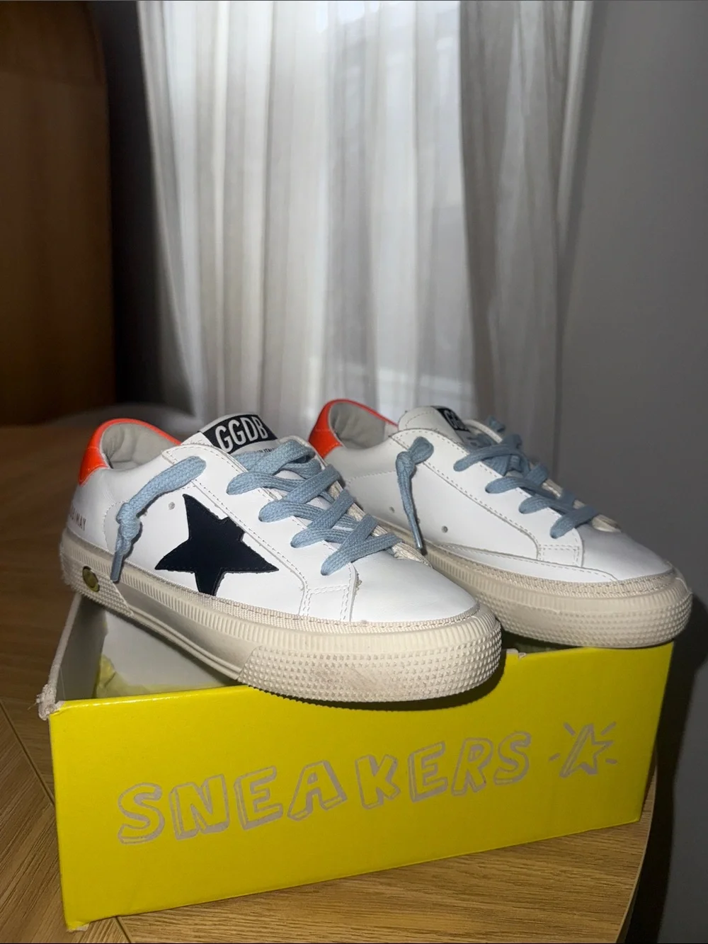 Golden Goose Kids White Sneakers with Bright Orange Heel and Navy Star